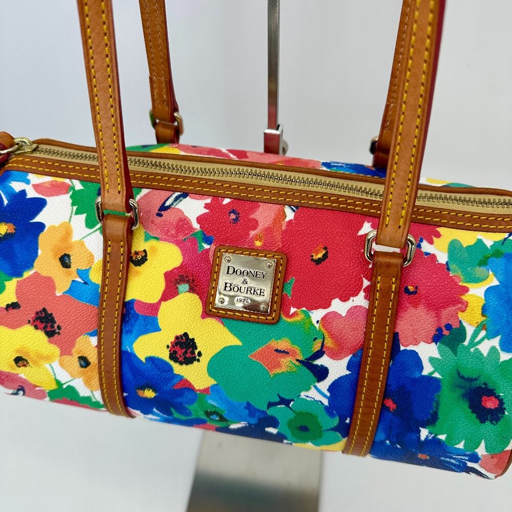 Dooney & Bourke Floral Barrel Satchel – Canvas & Leather, Excellent Condition